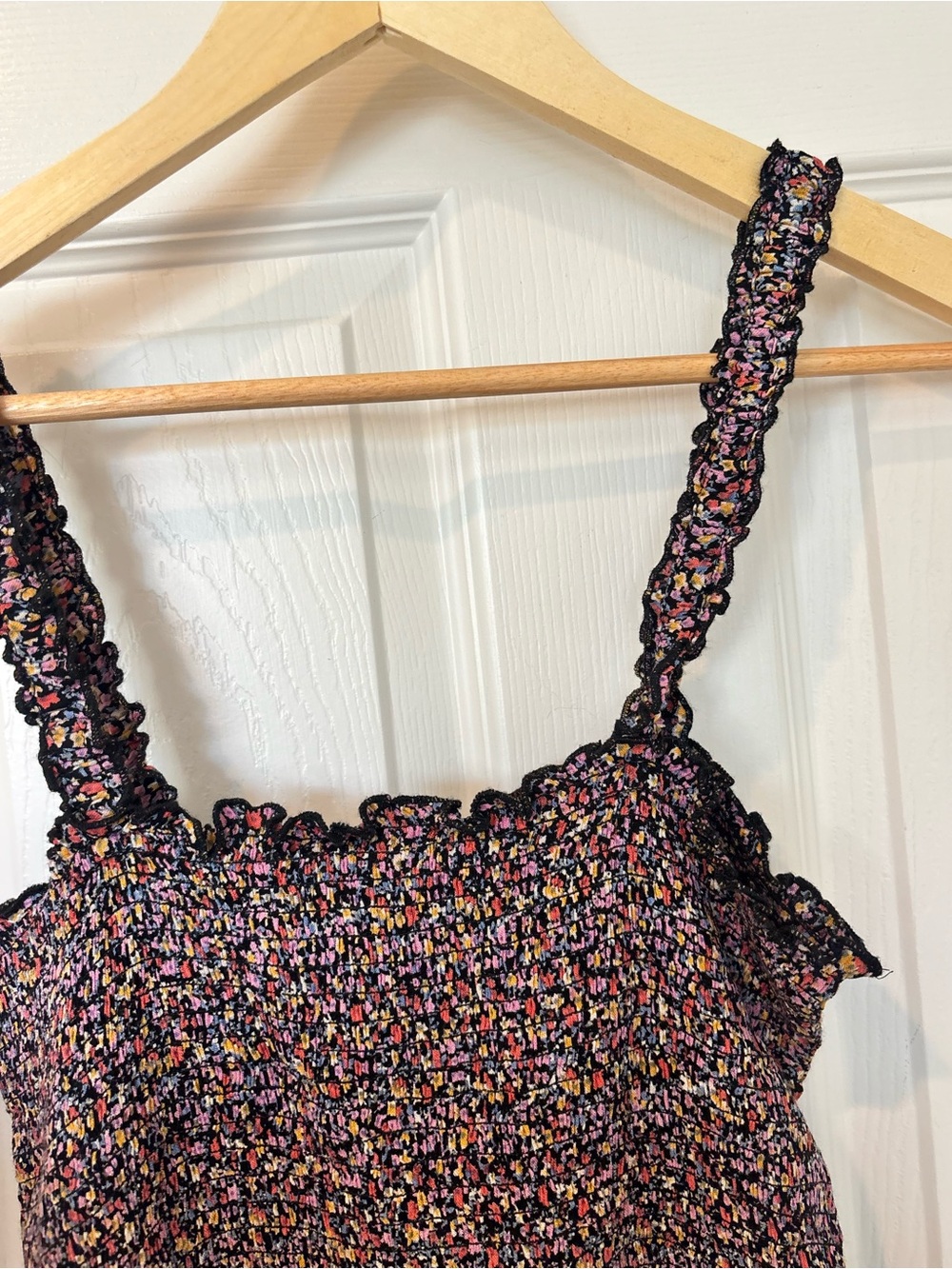 Patrons of Peace Black Smocked Dark Moody Floral Ruffle Cami